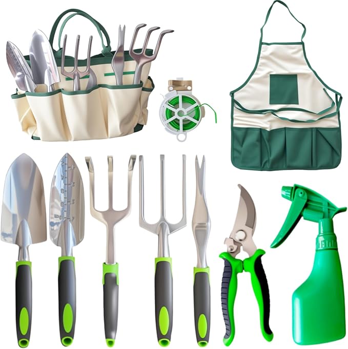 11-Piece Gardening Tools Set for Women, Heavy Duty Gardening Hand Tools, Outdoor Gardening Hand Tools with Non-Slip Green Rubber Handle. Indoor mini Gardening Potting Set (7) (Gray)