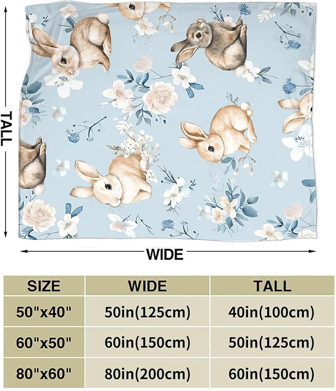 Rabbit Blanket Blue Rabbits Flower Throw Blanket Soft Warm Cozy Fuzzy Plush Gifts for Girls Women Lightweight Fleece Flannel Stuff Gift for Kids Adults 80"X60"