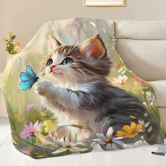 Cat Blanket Gifts for Girls Boys Blue Butterfly Throw Blankets Cozy Plush Cute Flower Fleece Lightweight Flannel Fuzzy 80"X60"