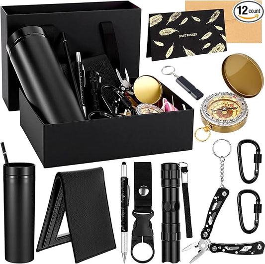 12 Pack Christmas Birthday Gift Basket for Men Survival Kit Tumbler Compass Multitool Pliers Flashlight Pen Whistle Wallet Camping and Survival Tools Xmas Gift Box for Dad Boyfriend Husband