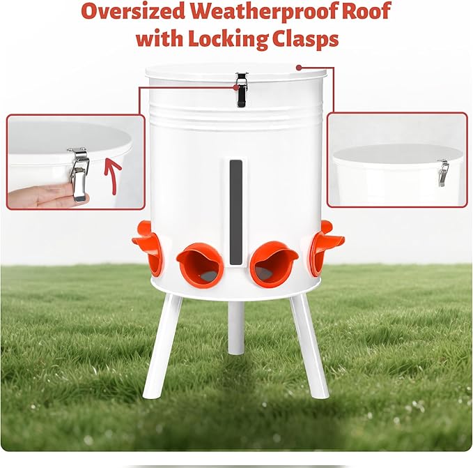 KOL 50 LB Large Free Standing Chicken Feeder, Portable Gravity Chicken Feeder Automatic, Dispenser, 8 Feeding Ports Poultry Feeder for Chicken Rooster & Hen (Jade White)