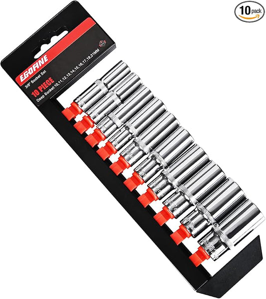 Egofine 10PCS 3/8” Drive Deep Socket Set,Metric Socket Set（10-21mm,6 Point Socket Set With Hanging Bracket,Cr-V Steel