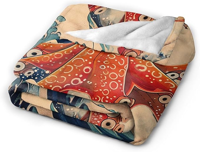 Japanese Octopus Throw Blanket Rustic Octopus Fleece Plush Super Soft Cozy Warm Lightweight Ocean Nautical Decor Gifts for Boys Girls Kids Adults Men Women 50" x 60"