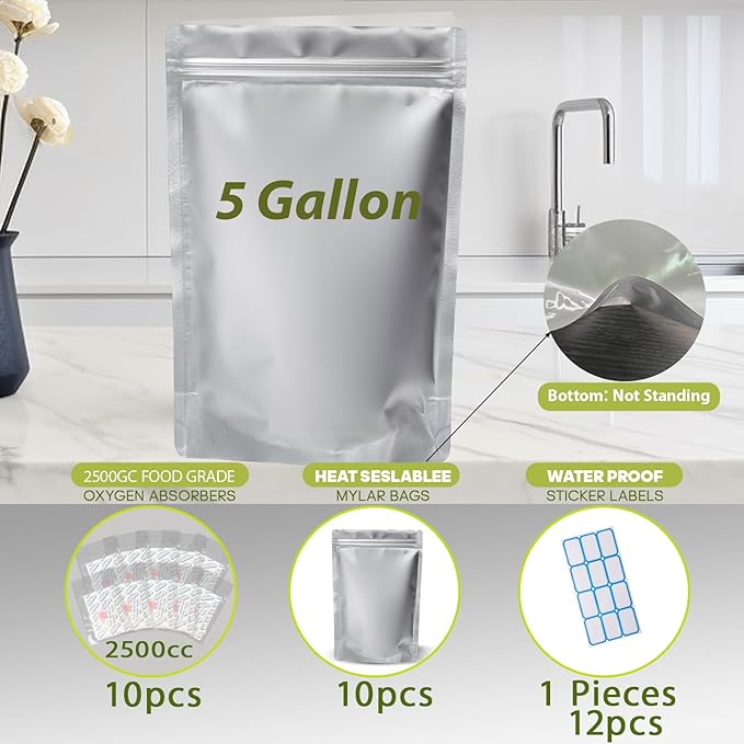 10pcs 5 Gallon Mylar Bags for Food Storage with Oxygen Absorbers 2500cc and Labels, Extra Thick 10 Mil - 17x27 Inch Zipper Pouches Resealable for Long Term Food Container Sets - Heat Sealable