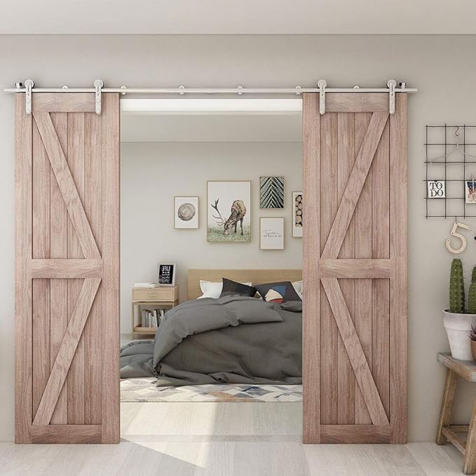 TSMST 15FT Sliding Barn Door Hardware Kit, Top Mount Stainless Steel Heavy Duty Sturdy Barn Door Track for Double Wood Door, Slide Smoothly Quietly (I Style)