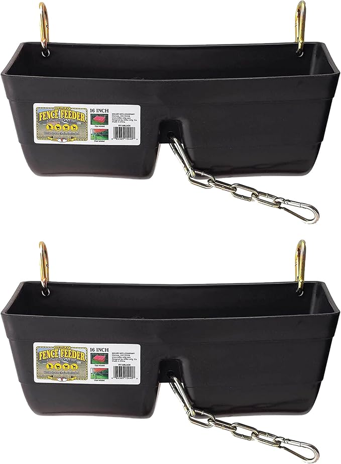 Little Giant FF16BLACK 9 Quart Heavy Duty Plastic Feed Trough Bucket Fence Feeder with Clips for Livestock & Pets, Black (2 Pack)