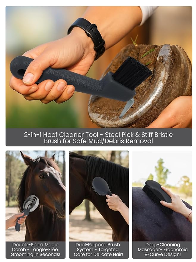 Horse Grooming Kit 12 Pcs – Complete Horse Brushes & Care Supplies Set with Organizer Tote Bag, Equine Coat Grooming Tools, Tack Room Equipment & Gifts for Horse Owners & Lovers