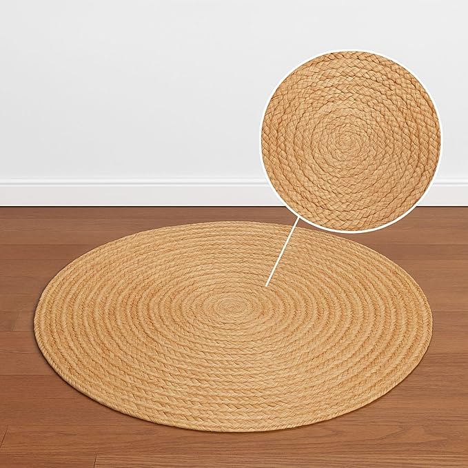 Handwoven Jute Braided Round Rug – 5 Feet | Natural, Reversible, Stain-Resistant | Farmhouse Boho Area Rug for Living Room, Entryway, Bedroom