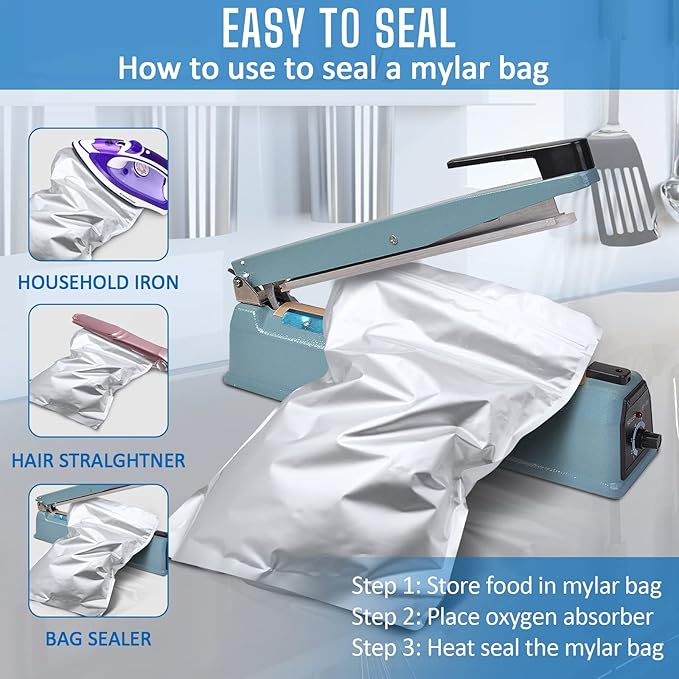 100 Pack Mylar Bags for Food Storage with 100x300cc Oxygen Absorbers - 9 Mil 10"x14", 9Mil 6"x9", 9Mil 4.3"x6.3" - Resealable Bags for Packaging Products & Ziplock Food Grade Bag for Storage