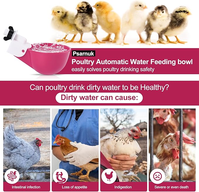 Chicken Waterer Cups (8 Pack/Purplish Red) - DIY Automatic Large Chicken Water Feeder for Ducks,Chicks, Turkeys, Quail, Bunny, Bird and Other Various Poultry Dispenser with Matching Drill