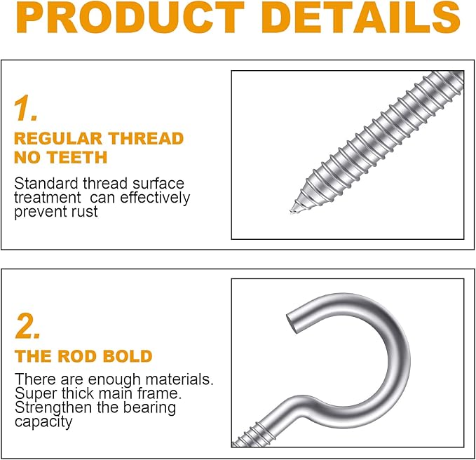 Pack of 12 M6 Metal Hooks, heavy-duty304 Stainless Steel Screw Hooks, self-Tapping Eye-Ring Bolt Hooks, Wooden Terminal Eye-Hole Hooks, Pendant Lights and Wires, Strong