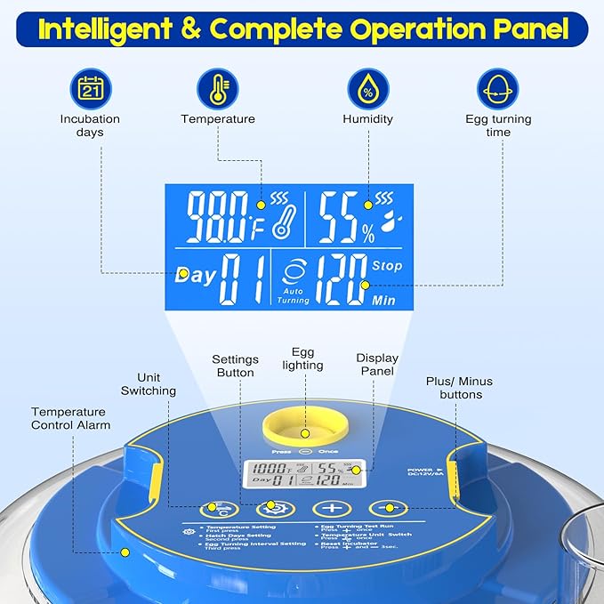 Egg Incubator for Hatching Chicks, 18 Eggs Automatic Egg Turner Multifunctional Smart Incubator 360° Clear Window with Temperature & Humidity Control, Egg Candler for Poultry Chickens Ducks Quails