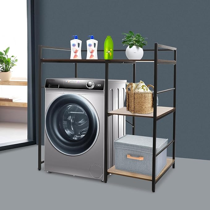 3 Tier Washing Machine Storage Shelf, Laundry Organizer Utility Rack with Side Shelves for Washer Dryer, Black Modern Storage Cabinet for Laundry Room Kitchen Balcony Hotel Porch