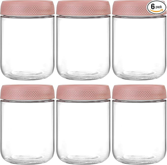 NETANY 6-pack 16oz Glass jars with Airtight Lids, Overnight Oats Containers with Lids, Wide mouth Mason Salad jars, Glass Food Storage Containers for Snacks Yogurt Spice Sugar-Pink