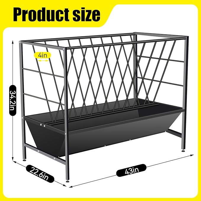 Pasture Hay Feeder 69 Gallon, Livestock 2 in 1 Hay and Grain Feeder, Heavy-Duty Galvanized Metal Goat Feeder with 2 Trays, Pasture Feeder for Goat, Sheep, Foal, Sheep