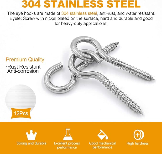 Pack of 12 M6 Metal Hooks, heavy-duty304 Stainless Steel Screw Hooks, self-Tapping Eye-Ring Bolt Hooks, Wooden Terminal Eye-Hole Hooks, Pendant Lights and Wires, Strong