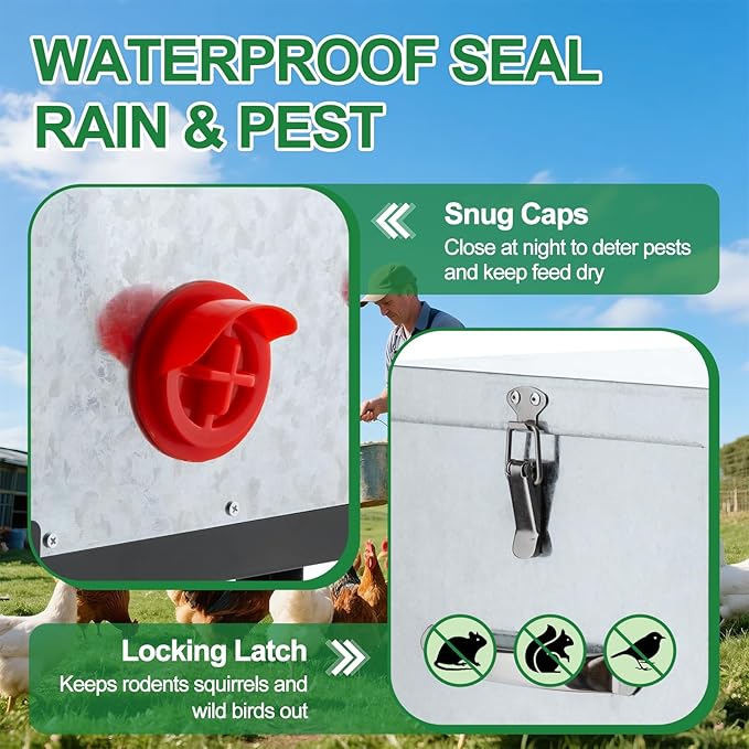 40 LB Automatic Chicken Feeder with 6 Feeding Ports, No-Waste Poultry Feeder with Locking Lid and Adjustable Legs for Inside Chicken Coops Metal Automatic Poultry Feeders (Sliver, 40LB with 6 Ports)