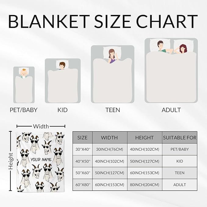 Custom Goat Blanket for Girls - 50x60 Inches Throw Size with Name - Soft Fuzzy Plush Throws Gift - White Funny Blanket for Bed, Couch, Sofa