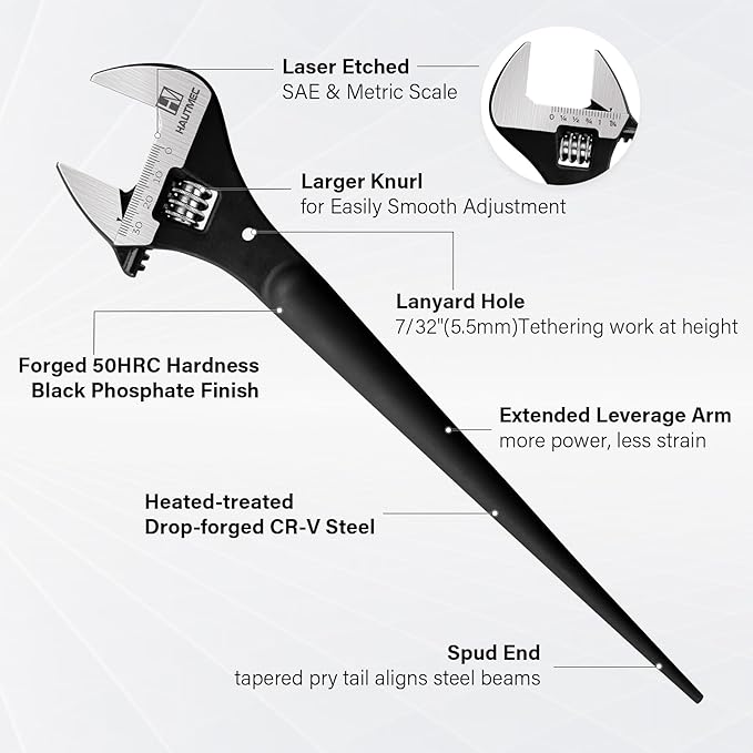 HAUTMEC 12 inch Adjustable Spud Wrench, Wide Jaw Up to 1-11/32"(34mm), Adjustable Spud Wrenches with Tail Pry Bar Features, Black Oxide Finish, Forged CR-V Steel Metric & SAE Scales with Tether Hole