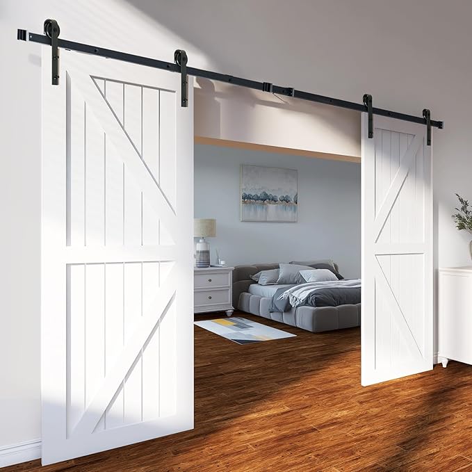 Sliding Barn Door Hardware Kit, VEVOR 8FT 330LBS Heavy Duty Barn Door Track Kit for Double Doors, Fit 3.7-4.3FT Total Wide and 1.3"-1.8" Thick 2 Door Panel, with Smooth & Silent Pulley