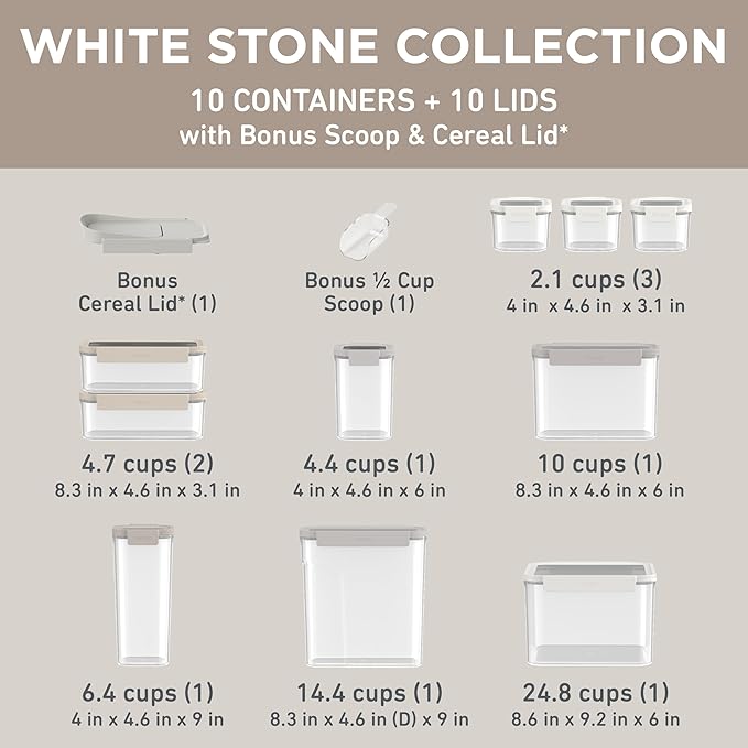 Bentgo Pantry - 22-Piece Airtight Food Storage Containers, Clear and Stackable Kitchen and Pantry Organization Set, Locking Lids for Freshness, Bonus Cereal Lid & Scoop, BPA-Free Plastic (White Stone)