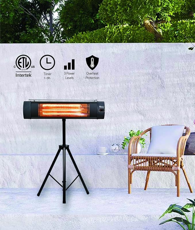DR. INFRARED HEATER Carbon Infrared Patio Heater with Tripod, Remote Control, Optional On/Off Tip-Over Protection, Freestanding or Wall-Mounted, Black