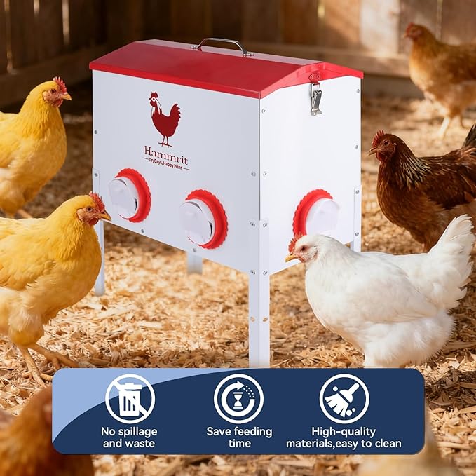 40 lb Large Automatic Chicken Feeder - 6 Feeding Ports, Anti-Waste Design,Height-Adjustable & Secure Locking Lid, Outdoor Rustproof Metal Chicken Feeder Feed Box for Poultry & Backyard
