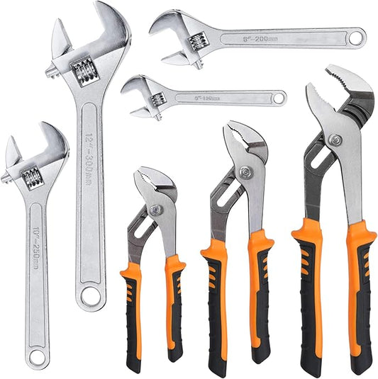 7-Pack Adjustable Wrench & Joint Pliers,Tongue and Groove Plier Set with Adjustable Wrench Set for Home Repair,Forged Steel Anti-Slip Comfortable Grip Handle
