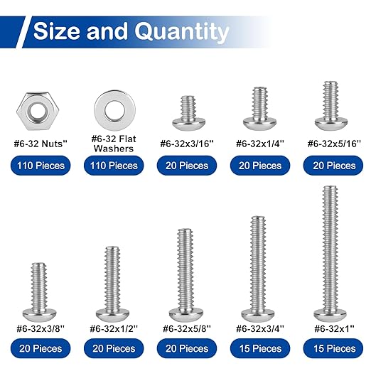 370Pcs #6-32 Pan Head Machine Screws Nuts Washers Assortment Kit, 3/16 to 1 inch Long Machine Screws, 304 Stainless Steel Screws Assorted Kit for Household Repairs, UNC Full Thread, Phillips Drive