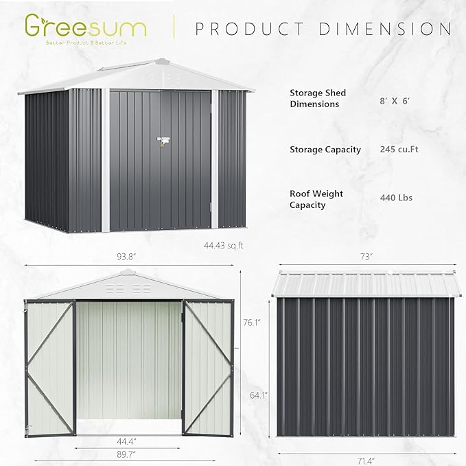 Greesum 8x6FT Outdoor Storage Shed, Utility Tool Shed with Sloping Roof, Metal Storaged Garden Shed with Door & Lock for Patio Storage, Gray