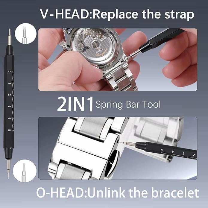 Watch Battery Replacement Tool Kit, 108PCS Spring Bars, 5-in-1 Precision Screwdriver, Adjustable Back Case Opener, Holder, Pry Tool, Spring Bar Tool with Scale, Tweezer, Watch Repair Kit for Watch Back Removal and Band Replacement