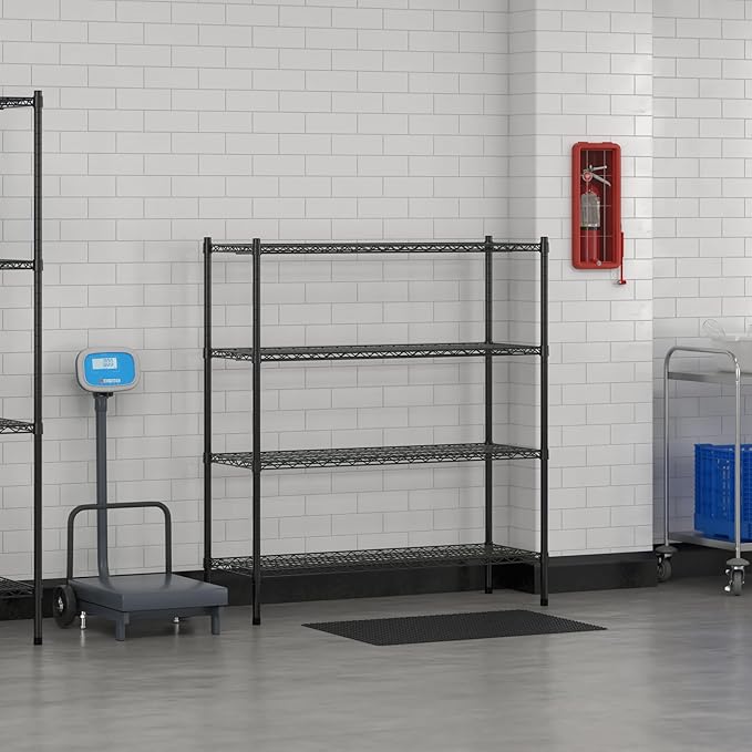 Commercial NSF Listed Black Epoxy Stationary Wire Shelving Kit 18" x 48" x 54", with 4 Shelves Perfect for Warehouse, Walk-in Refrigerator, Freezer, Grocery Store, Restaurant, Dishroom