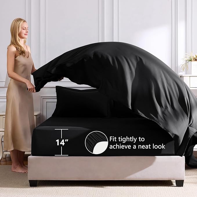 CozyLux Queen Comforter Set Black - Bed in a Bag Queen Size 7 Pieces, Luxury Soft Bed Set for All Seasons, Bedding Set with Down Alternative Comforter, Sheets, Pillowcases & Shams