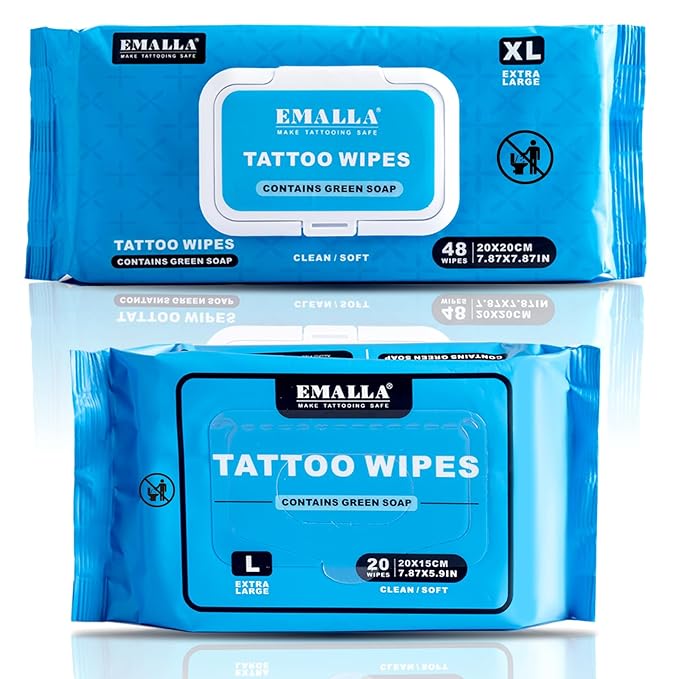 Emalla Green Soap Tattoo Wipes, 2 Sizes All in One Premium Tattoo Cleaning Wipes to Clean Skin During Tattooing and Tattoo Aftercare Tattoo Supplies (2 Pack 68pcs)
