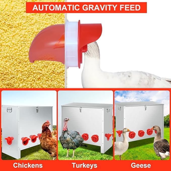 RYFT 85-120Lbs Chicken Feeder No Waste, 10-Port Automatic Large Galvanized Metal Fed Chicken with Latch & Handle for Chickens, Pheasants, Bantams Poultry Coop Weatherproof Chicken Feeder