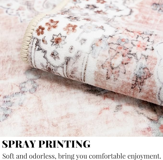 MUJOO Boho Area Rug 3'x5' Machine Washable, Pink Small Non Slip Area Rugs for Entryway Bedroom Bedside Kitchen Hallway Living Room Laundry Room Indoor Mat Soft Low-Pile Floral.