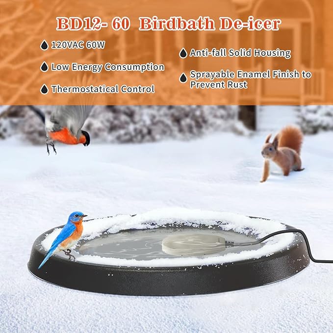 60W Bird Bath Heater, Waterproof Birdbath Deicer for Outdoors, Keep Chicken Waterers from Freezing, Fit in All Kind of Birdbaths 110V 120V