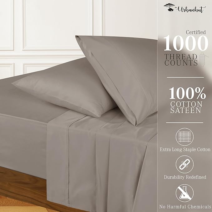 URBANHUT 1000 Thread Count Egyptian Cotton Sheets California King Size, Long Staple Soft & Breathable, 4 Pc Bed Sheet Sets, Luxury Hotel Sateen Sheets Fits 16" Deep Pocket - Dark Grey