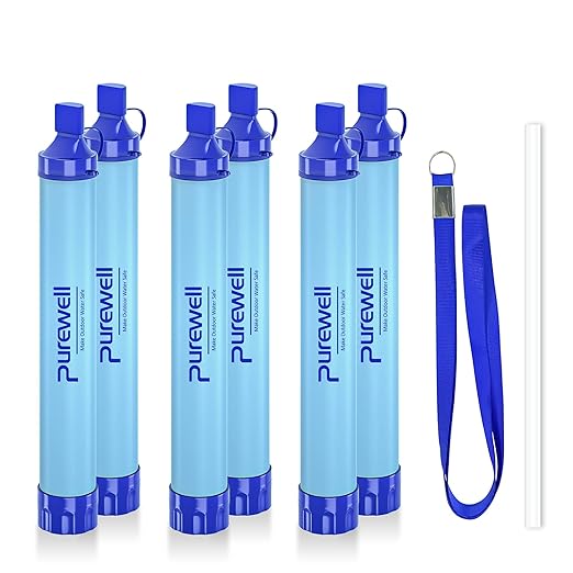 Purewell Outdoor Water Filter Personal Water Filtration Straw Emergency Survival Gear Water Purifier for Camping Hiking Climbing Backpacking(6PCS)