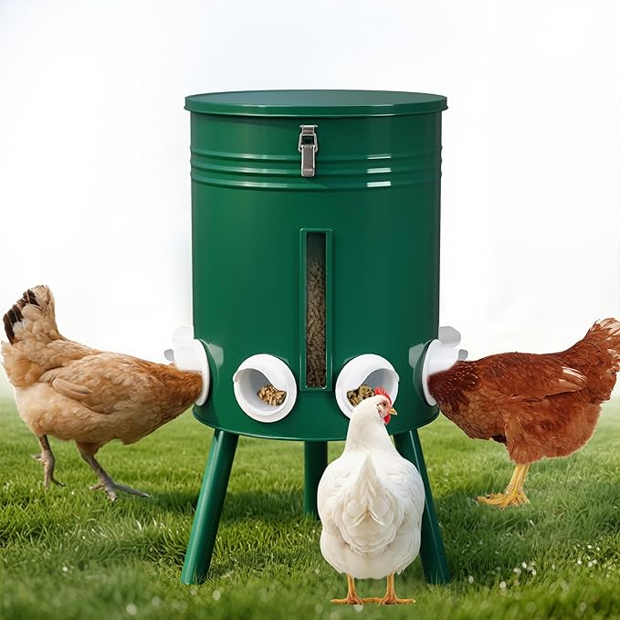 KOL 50 LB Large Free Standing Chicken Feeder, Portable Gravity Chicken Feeder Automatic, Dispenser, 8 Feeding Ports Poultry Feeder for Chicken Rooster & Hen (Green)