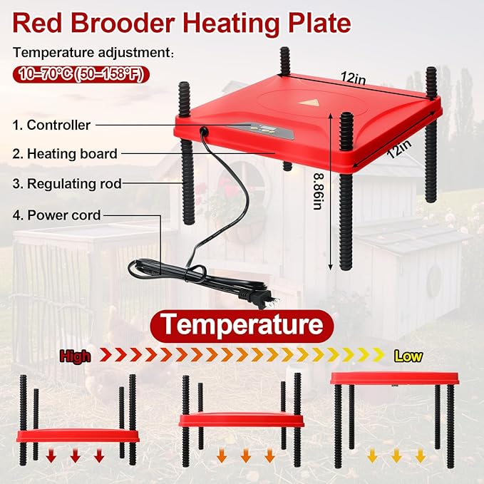 Retisee 8 Pack Winter Chick Heater Brooder Kit Including 12" x 12" Heat Plate 150w Chicken Infrared Red Heat Lamp Feeder and Waterer Kit Perch Flip Top Poultry Feeder for Newborn Livestock Duck Warm