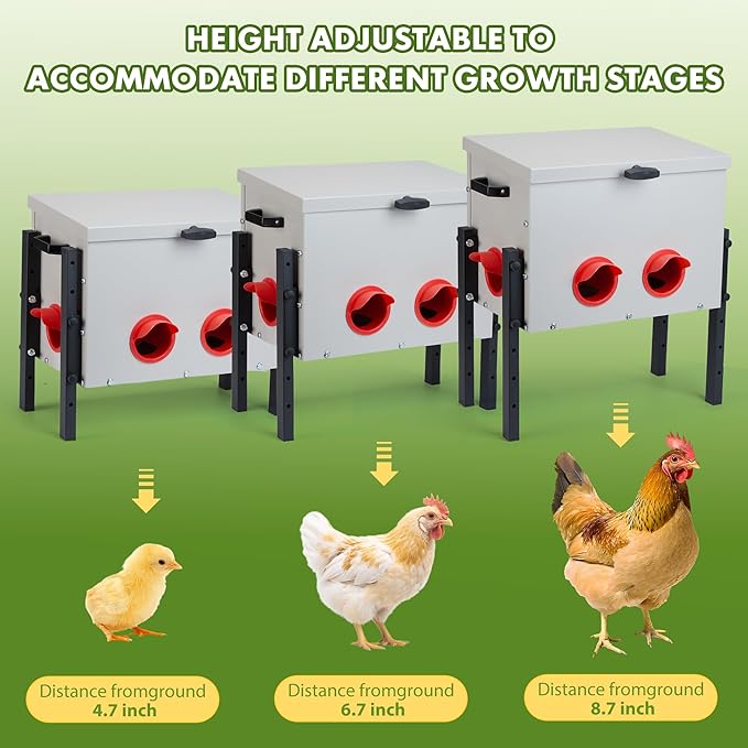 Metal Chicken Feeder with 4 Ports, 30 lbs Metal Poultry Feeder, Height Adjustable Weatherproof Feeding Box for Chickens, Geese, Ducks, Turkeys, Quails (30lbs-4 Ports)
