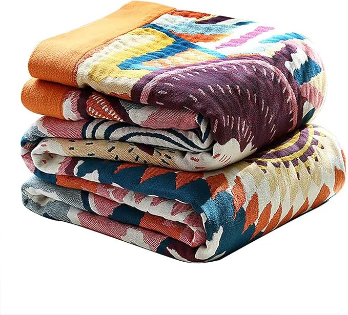 Boho Throw Blanket, 100% Organic Muslin Cotton Skin-friendly Breathable Ultra Soft Bed Quilt Throw - All Season Bohemian Decor Luxury Colorful Blanket for Sofa Couch Chair and Gift. 91" x 98"
