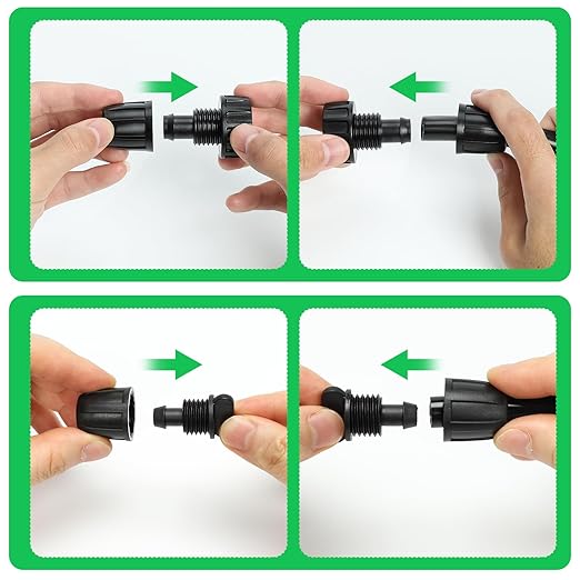 Bonviee Drip Irrigation Parts for 5/16" Main Line - (6-Pack) - 3 x PVC Female Hose Thread Non-Swivel Adapter and 3 x Barbed Threaded End Plugs - Drip Irrigation Fittings