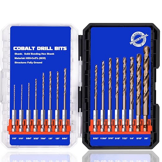 1/4 Hex Shank Cobalt Drill Bit Set 16Pcs 1/16"-3/8", M35 HSS Twist Impact Drill Bits for Metal and Hardened Steel, with Indexed Storage Case
