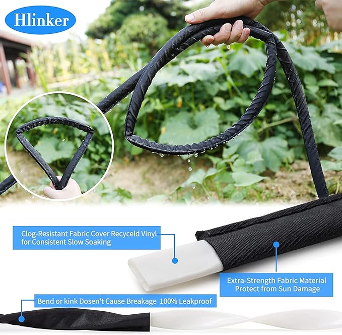 Flat Soaker Hose 50 200 FT for Garden Beds, 200FT 1/2" Linkable Consistent Drip Irrigation Hose Save 80% Water, Leakproof Heavy Duty Double Layer Sprinkler Hose