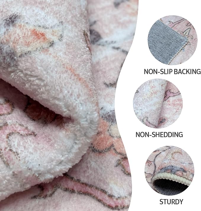 Washable Boho Vintage Area Rugs 6×9 Non-Slip Traditional Pink Area Rug for Nursery Living Room Bedroom Dining Room Girls' Room