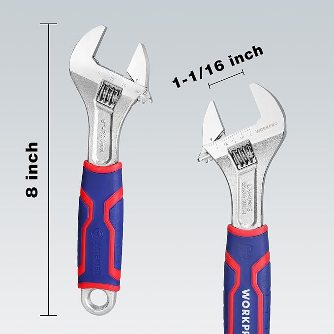 WORKPRO 8-inch Adjustable Wrench, Wide Jaw Opening Wrench with Rubber Anti-slip grip, Metric/SAE Scales, Premium Cr-V Steel, Chrome Plated