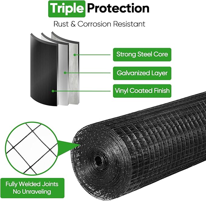 Black Hardware Cloth 48in x 100ft – 19 Gauge Vinyl Coated Steel Wire Mesh Roll, 1" Square Welded Fence for Chicken Coop, Garden Barrier, Animal Control, Outdoor Pet Enclosure, Rodent Proofing