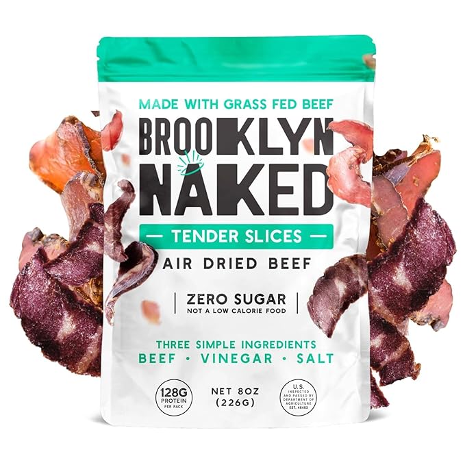 Brooklyn Biltong Air Dried Grass Fed Beef Snack, South African Beef Jerky (8 oz, Pack of 1) - Whole30 Approved, Paleo, Keto, Gluten Free, Sugar Free, Made in USA - (Naked)